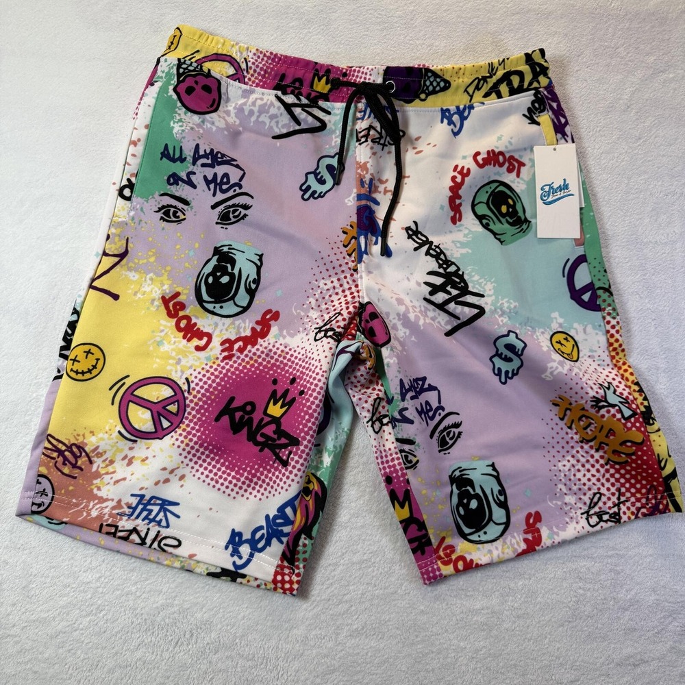 Fresh Prints of Bel-Air Shorts Mens Medium White Multi Graffiti Space Ghost